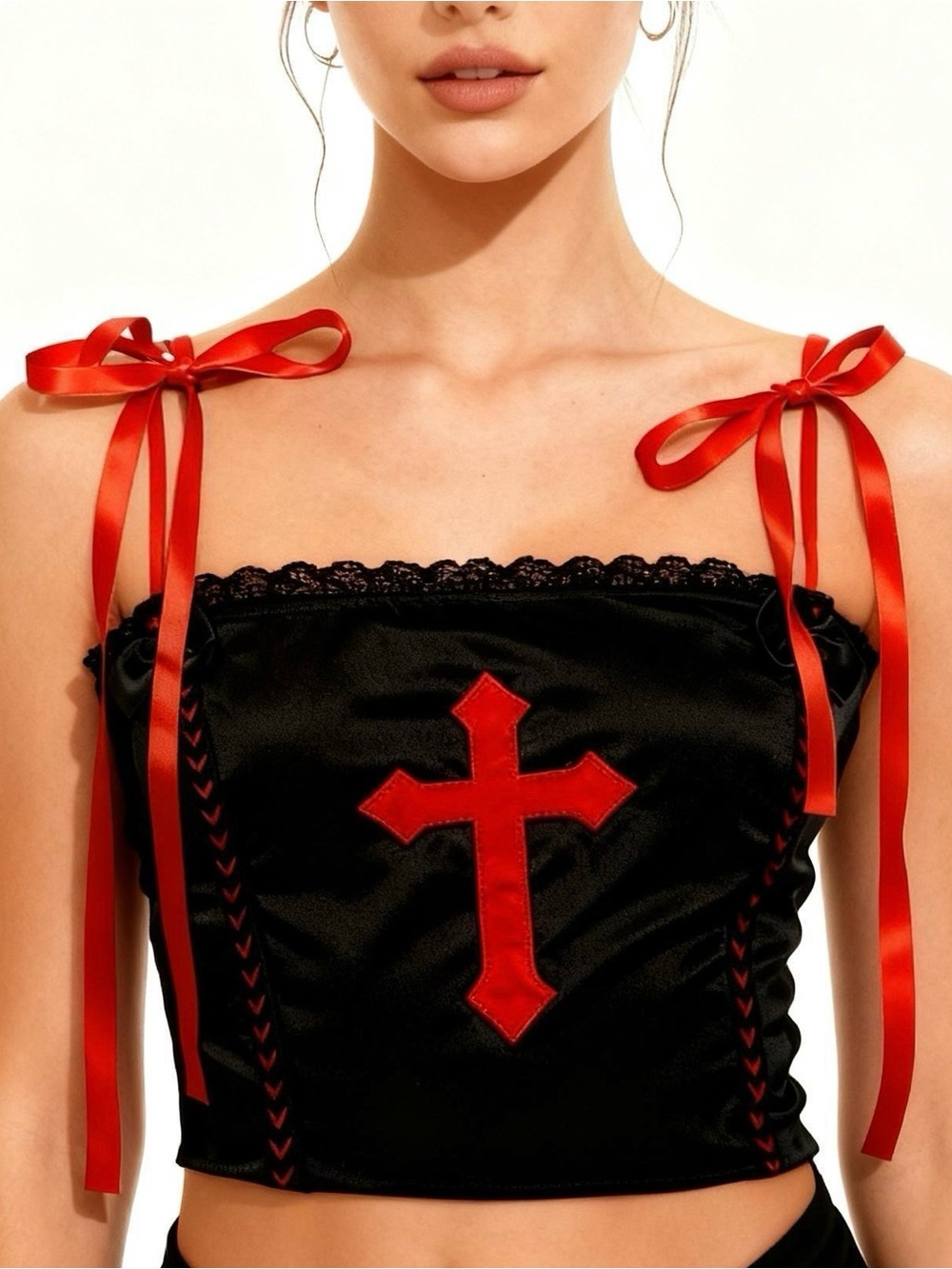 Black Satin Crop Top with Red Cross & Ribbon Straps